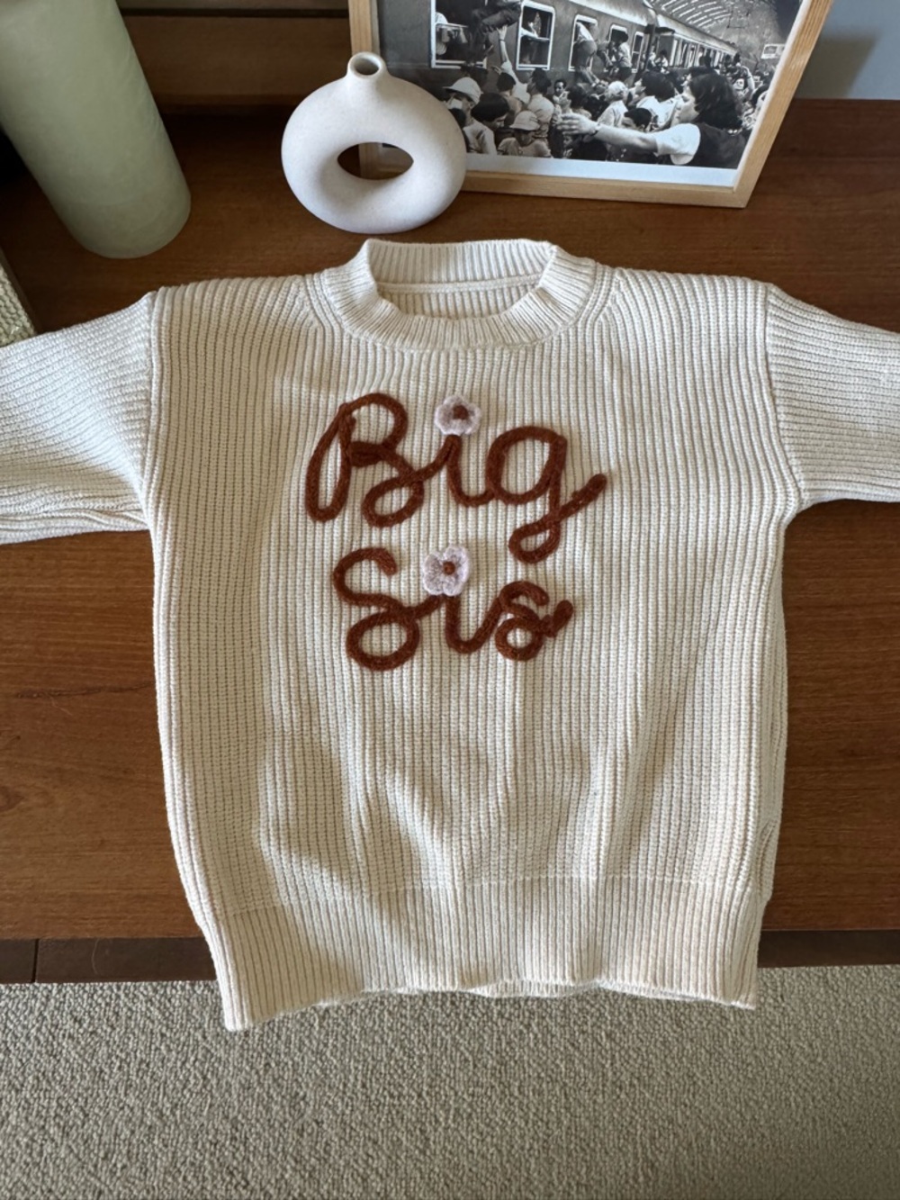 Cream 'Big Sis' Knit Sweater with Brown Script